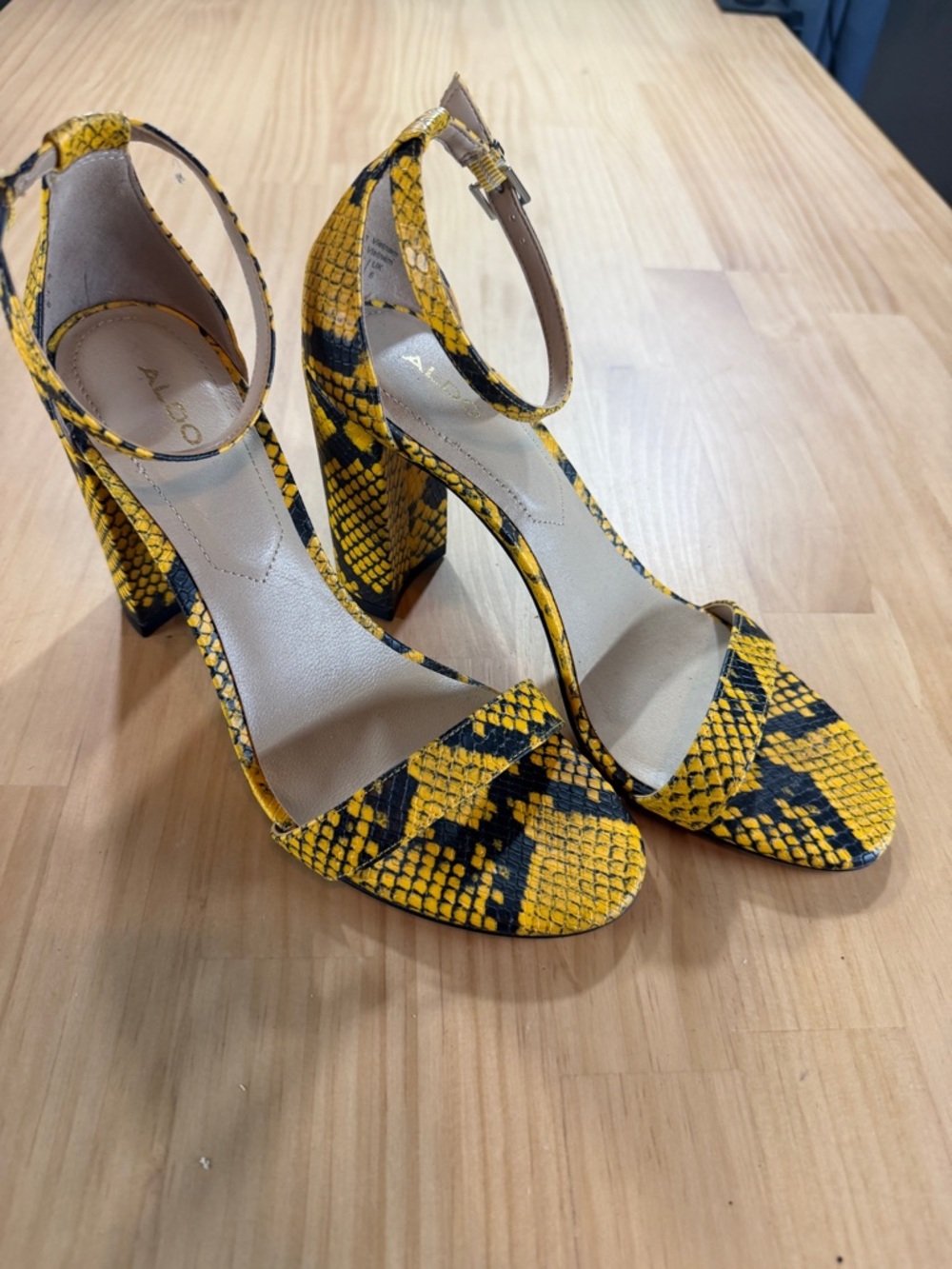 Aldo Yellow and Black Snake-Print Ankle-Strap Block Heels B10